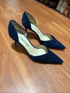 Manolo Blahnik Navy Suede Pointed D'Orsay Heels